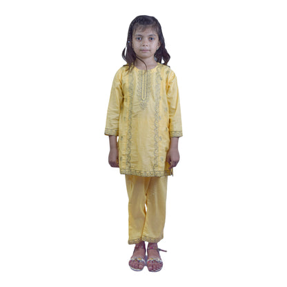 Girls Yellow Shalwar Kameez – Full Embroidered Design with Cuff Detailing | KidZaar