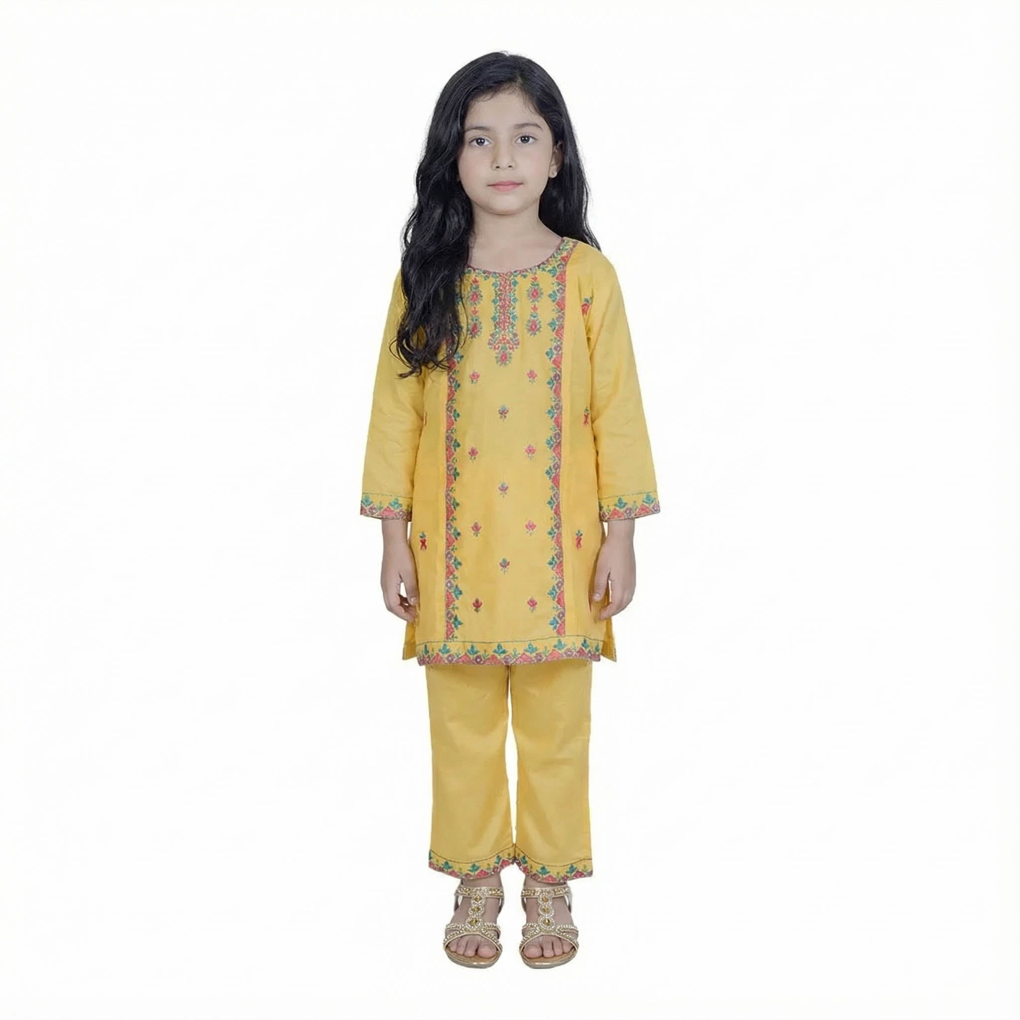 Girls Embroidered Shalwar Kameez with Embroidery on Shirt & Ankle Cuffs | KidZaar
