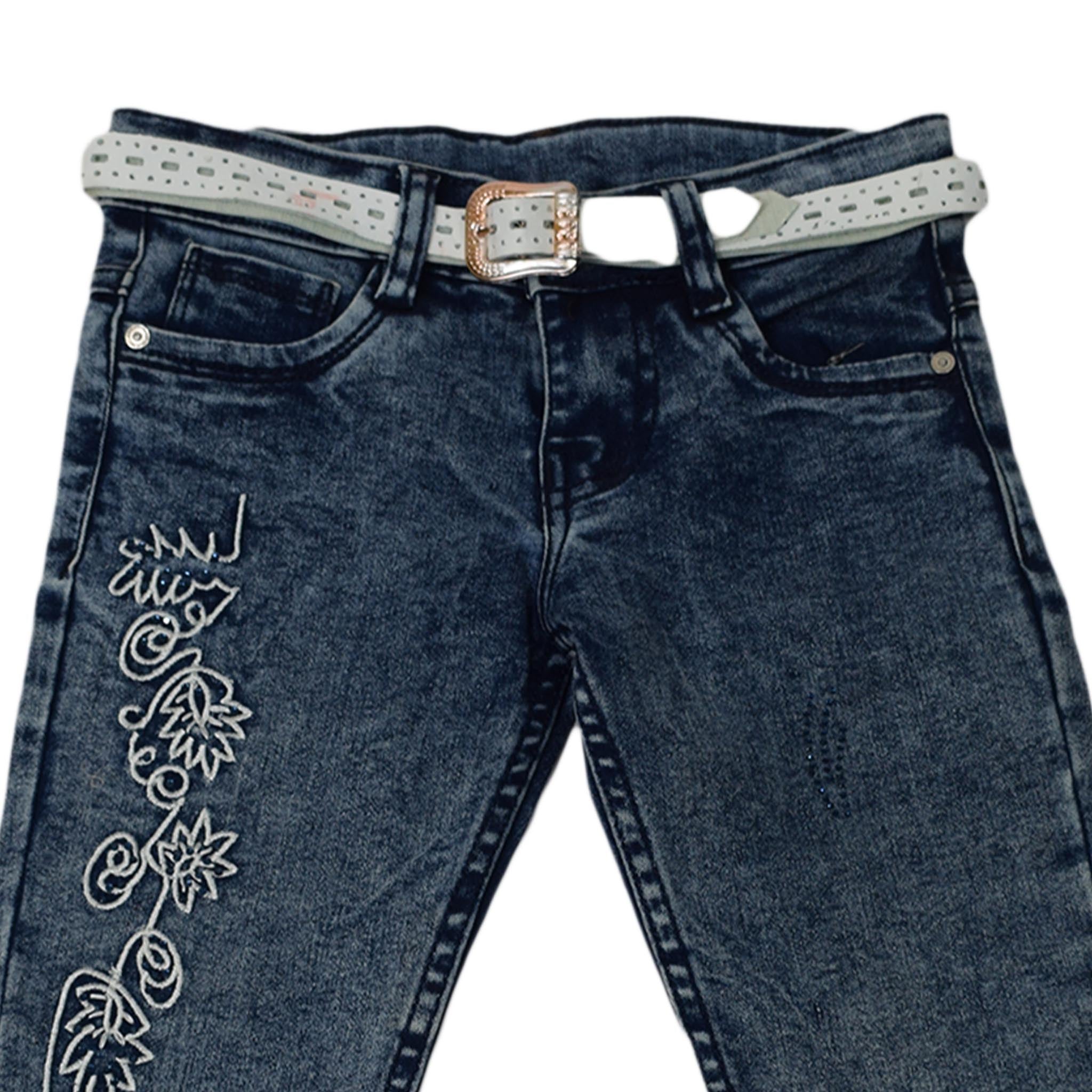 Girls Blue Embroidered Denim Jeans with Belt