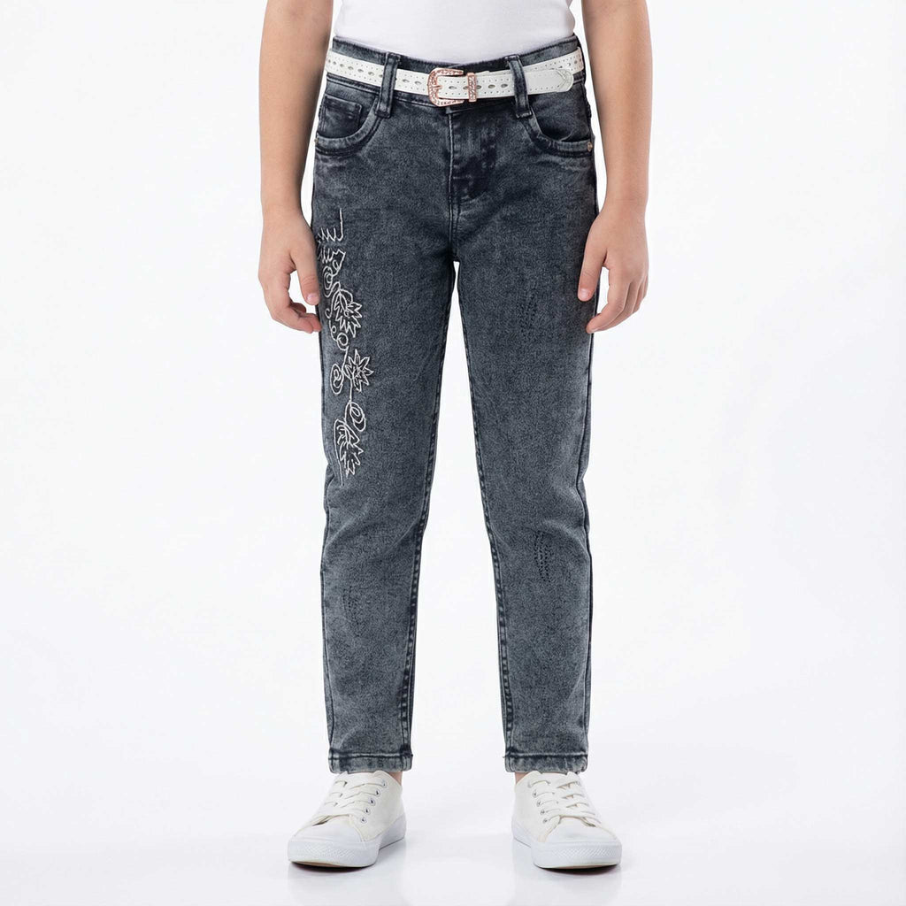 Girls Blue Embroidered Denim Jeans with Belt