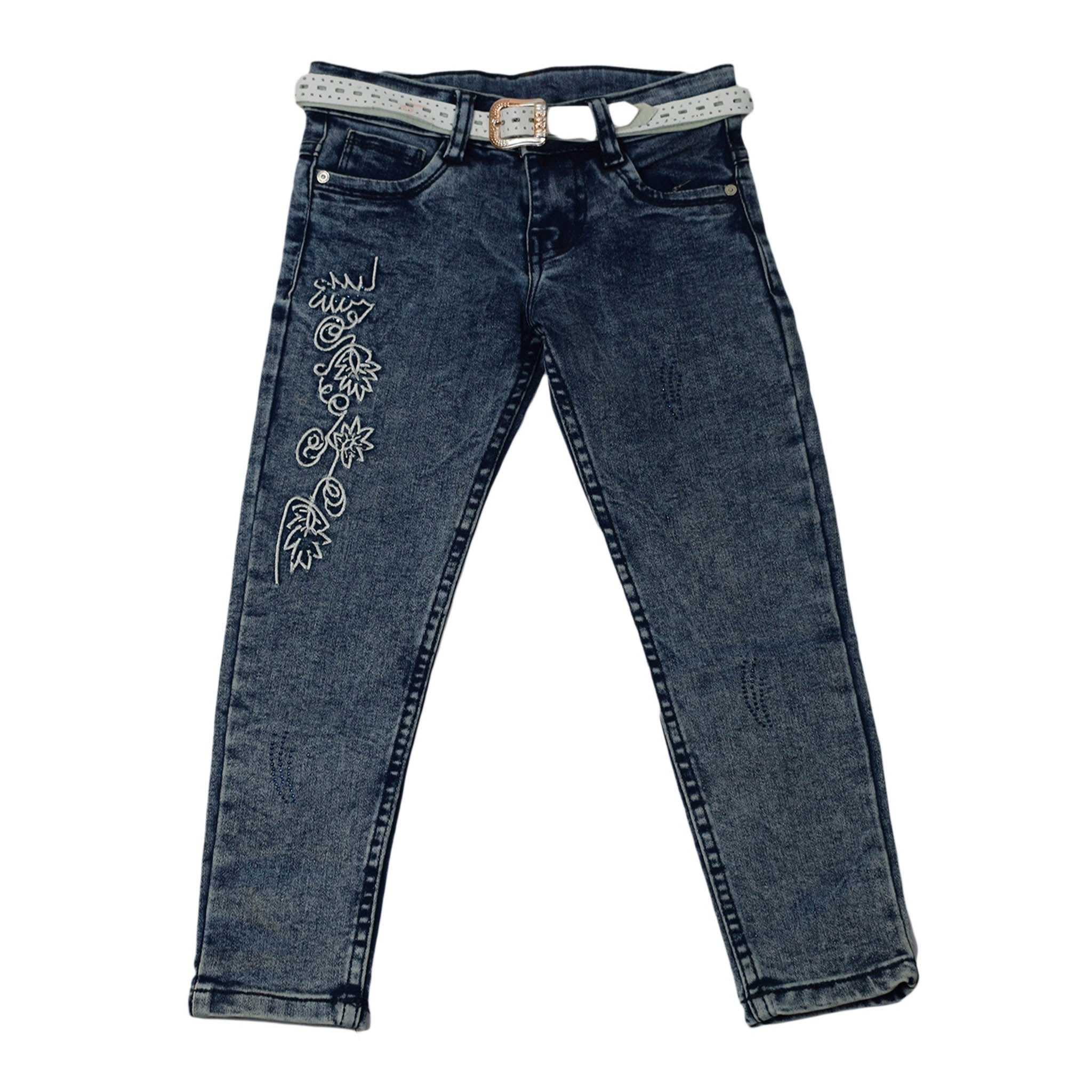 Girls Blue Embroidered Denim Jeans with Belt
