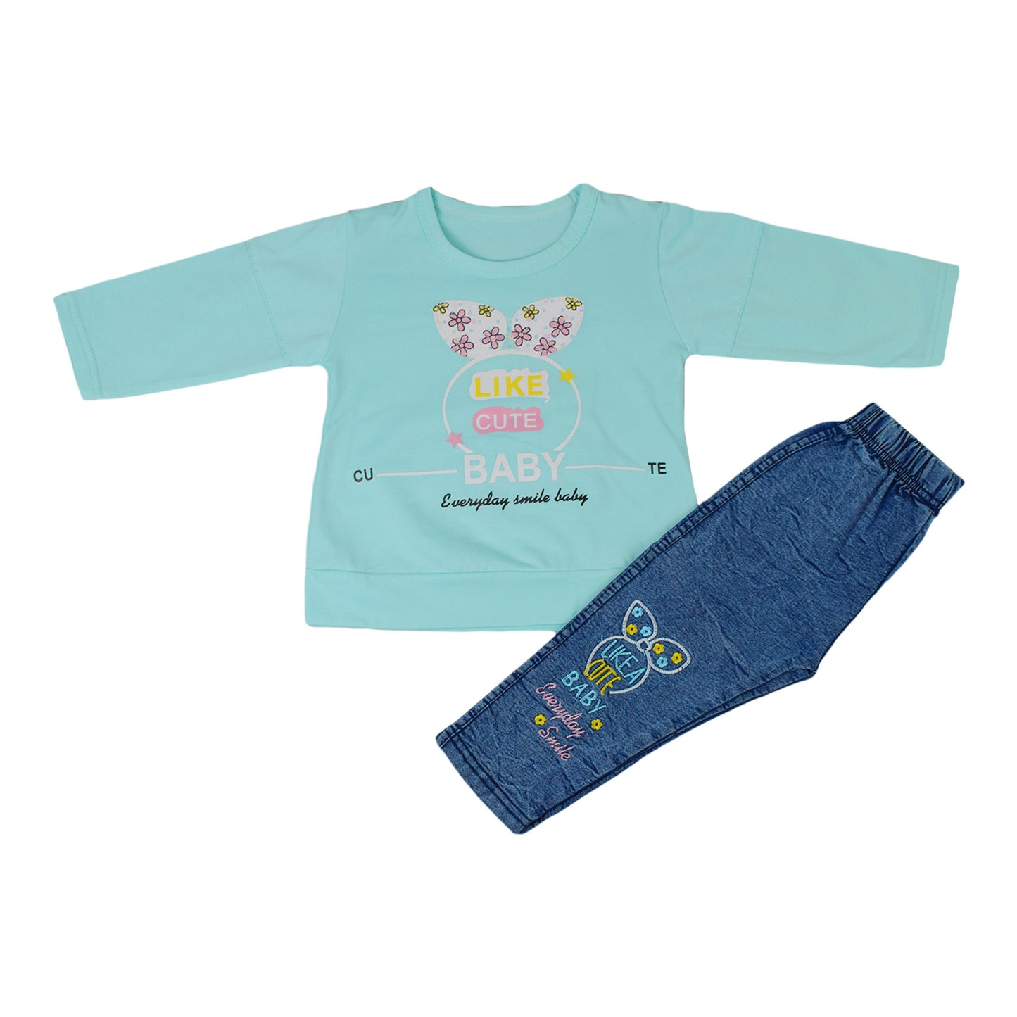 Girls Butterfly Printed & Embroidered Terry Jersey Suit – Ferozi & Pink