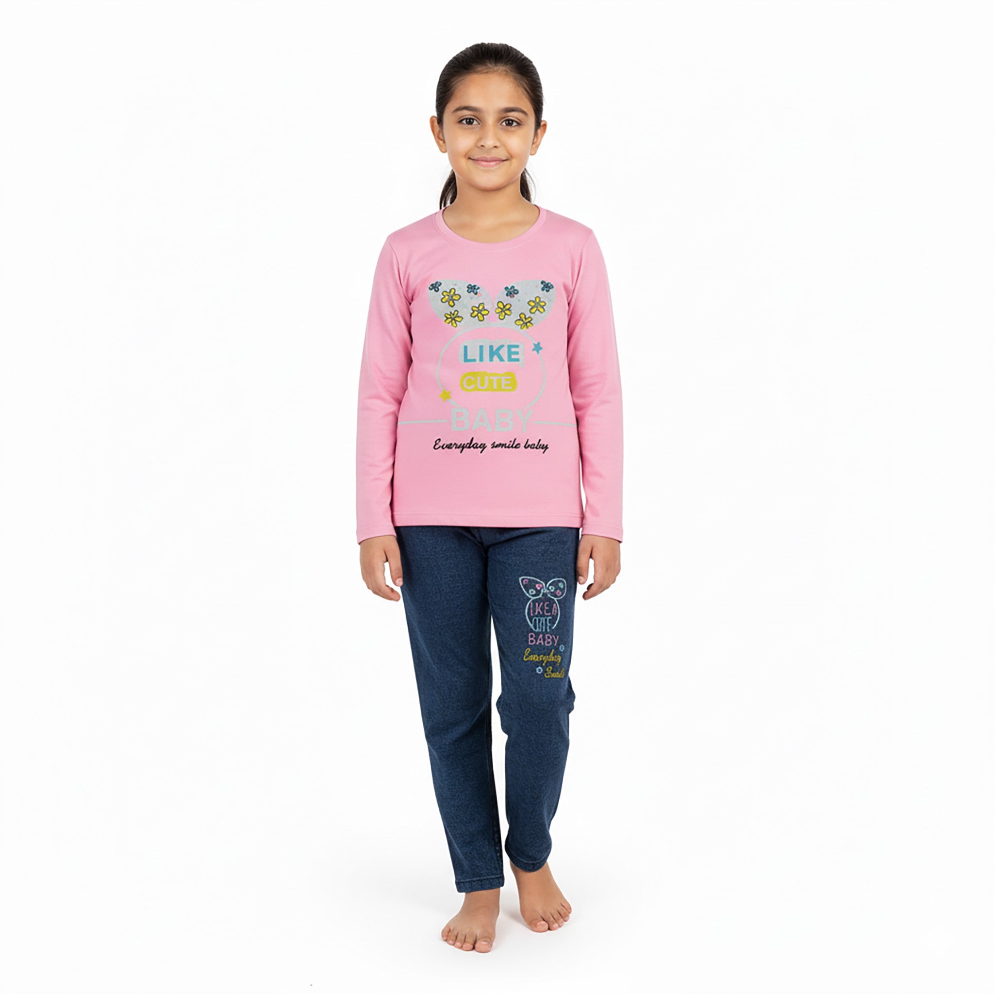 Girls Butterfly Printed & Embroidered Terry Jersey Suit – Ferozi & Pink