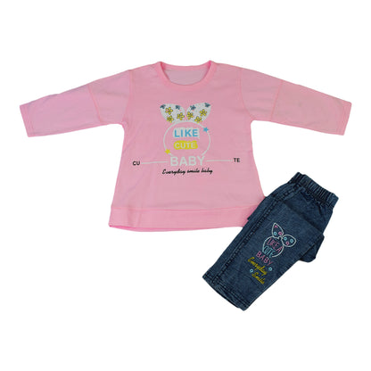 Girls Butterfly Printed & Embroidered Terry Jersey Suit – Ferozi & Pink