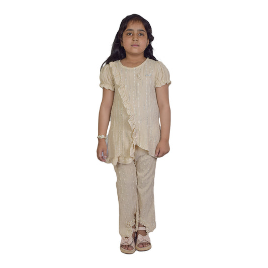 Girls Peach Green & Cream White  Fancy Kurti & Trouser Set  Pearl Embellished Party Wear
