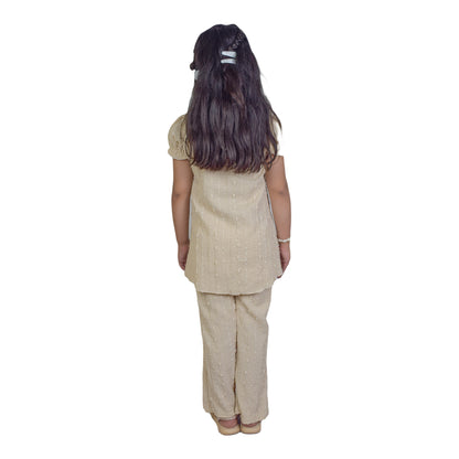 Girls Peach Green & Cream White  Fancy Kurti & Trouser Set  Pearl Embellished Party Wear