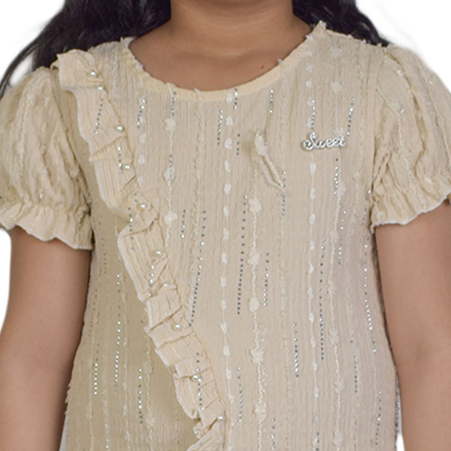Girls Peach Green & Cream White  Fancy Kurti & Trouser Set  Pearl Embellished Party Wear