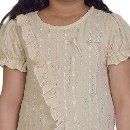 Girls Peach Green & Cream White  Fancy Kurti & Trouser Set  Pearl Embellished Party Wear