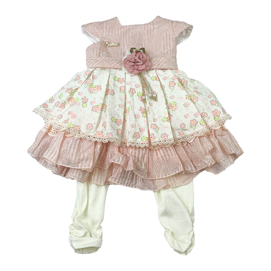 Girls Pista Green & White Frock with White Pajama