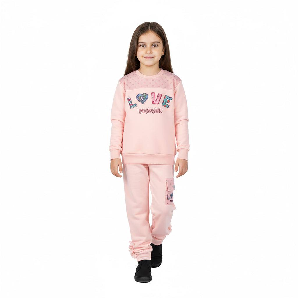 Girls “Lover Forever” Printed Terry Jersey Suit | Pink & Yellow
