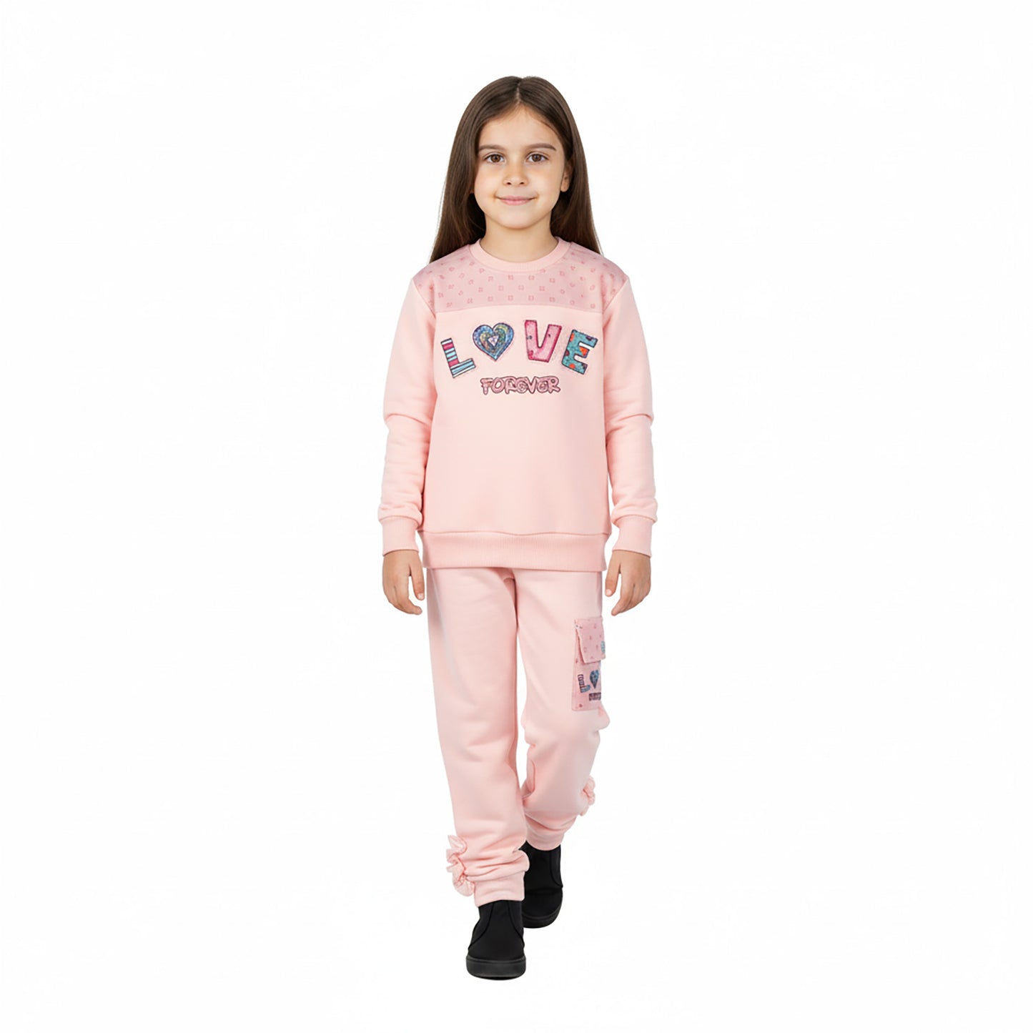 Girls “Lover Forever” Printed Terry Jersey Suit | Pink & Yellow