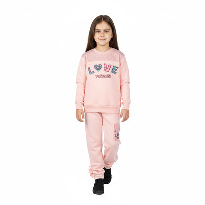 Girls “Lover Forever” Printed Terry Jersey Suit | Pink & Yellow