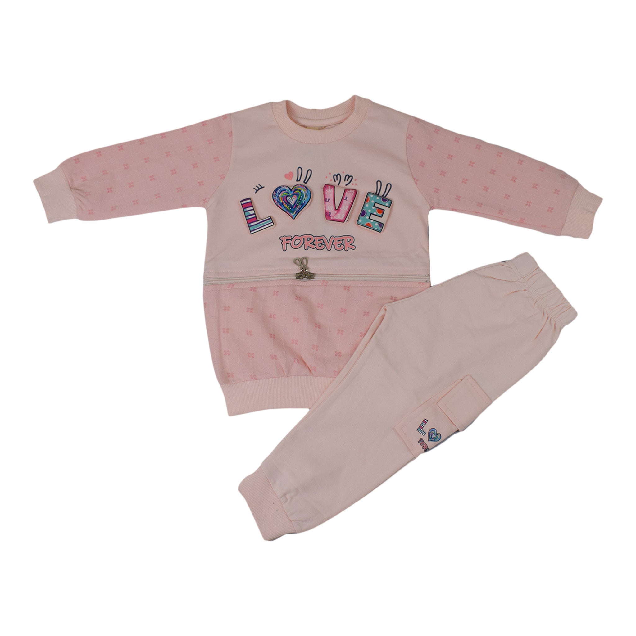 Girls “Lover Forever” Printed Terry Jersey Suit | Pink & Yellow