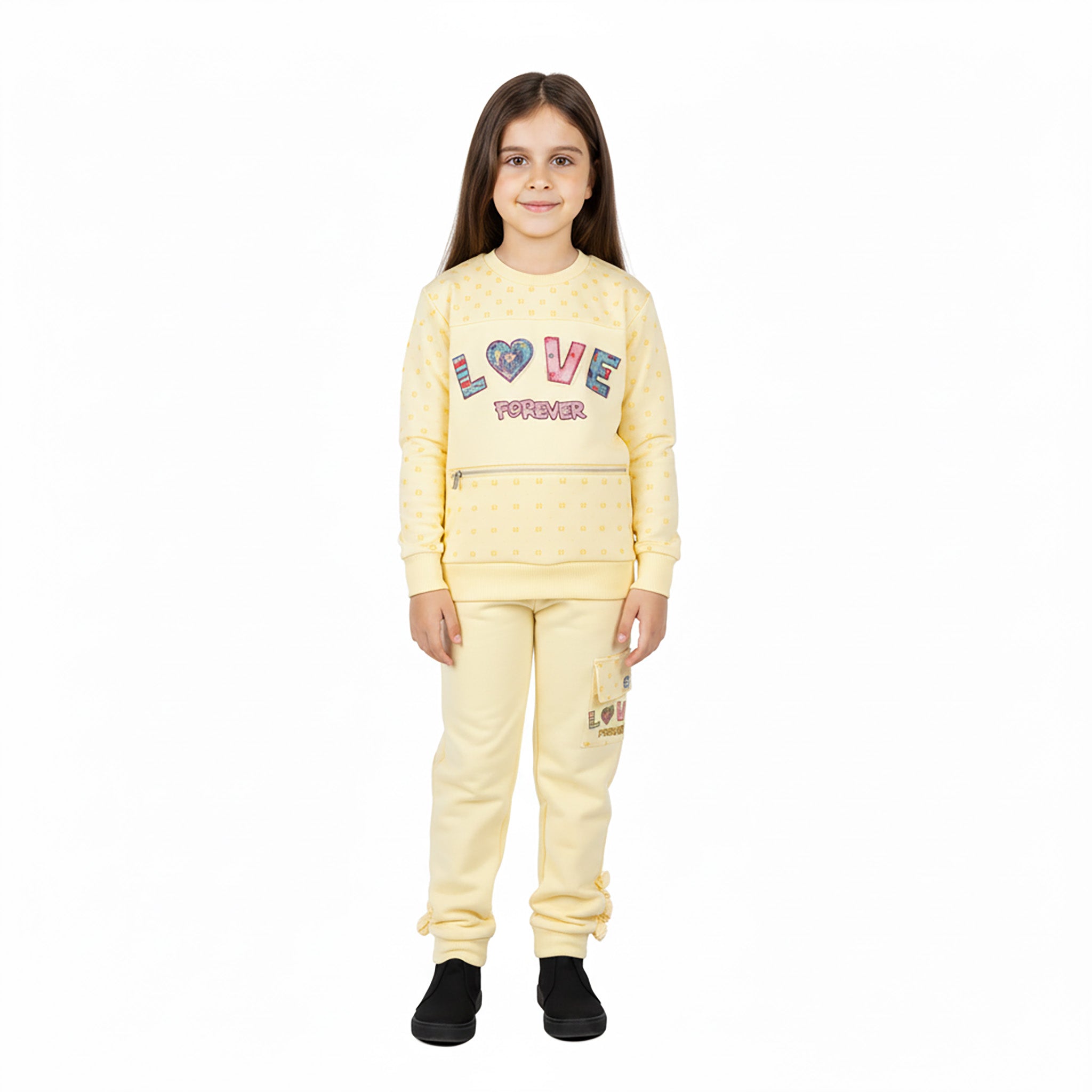 Girls “Lover Forever” Printed Terry Jersey Suit | Pink & Yellow