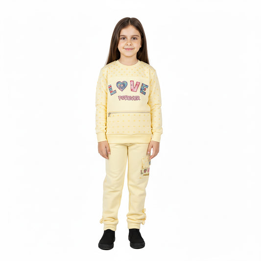 Girls “Lover Forever” Printed Terry Jersey Suit | Pink & Yellow