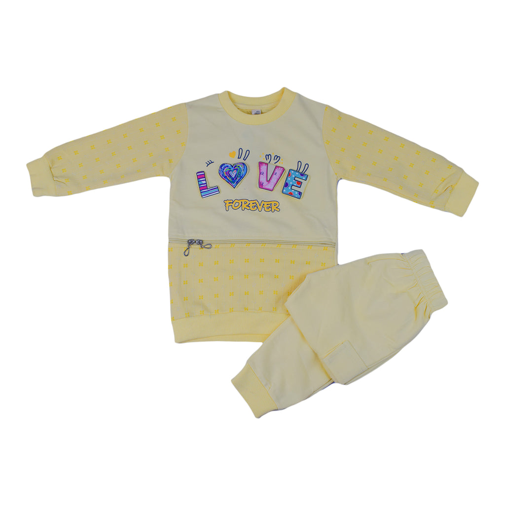 Girls “Lover Forever” Printed Terry Jersey Suit | Pink & Yellow