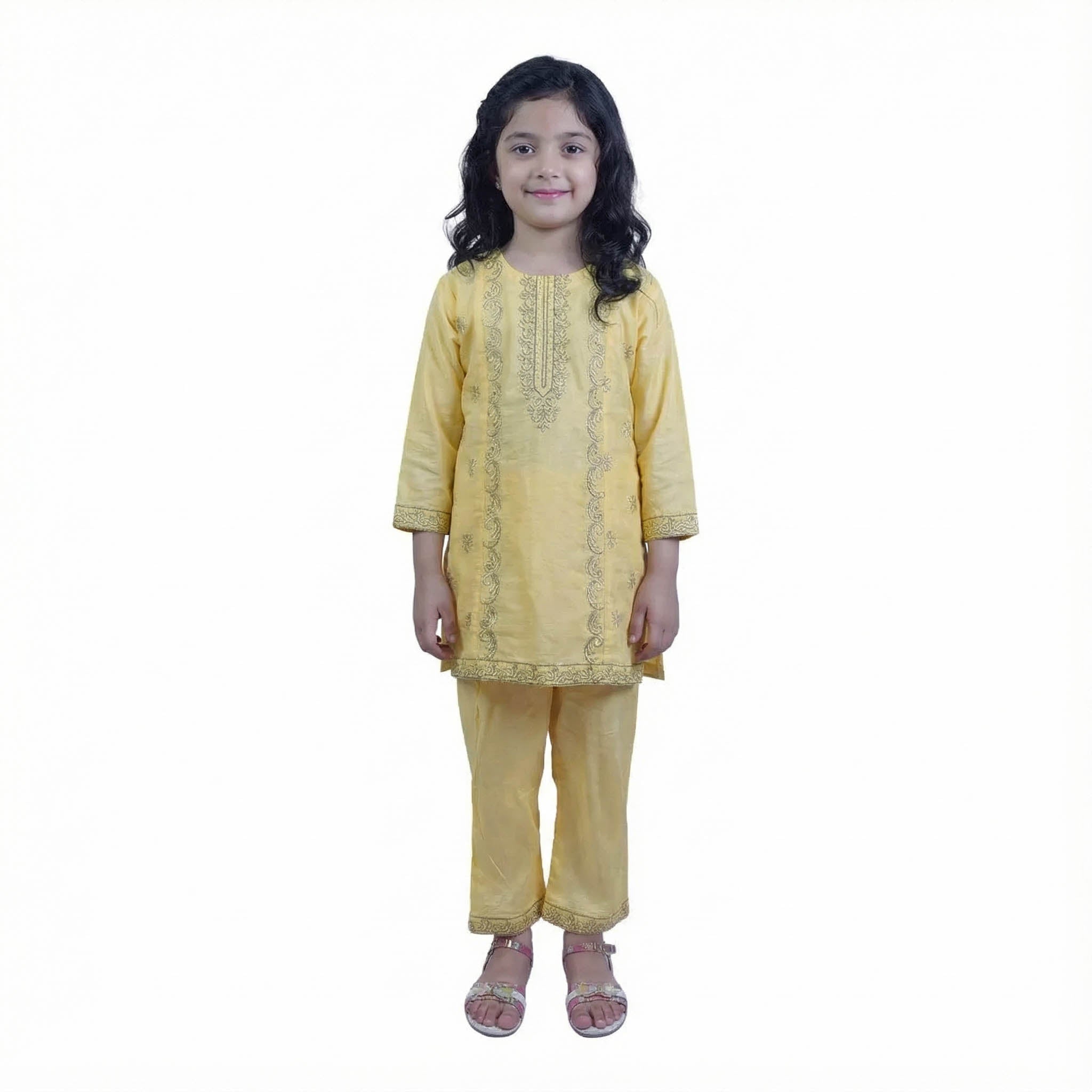 Girls Yellow Shalwar Kameez – Full Embroidered Design with Cuff Detailing | KidZaar