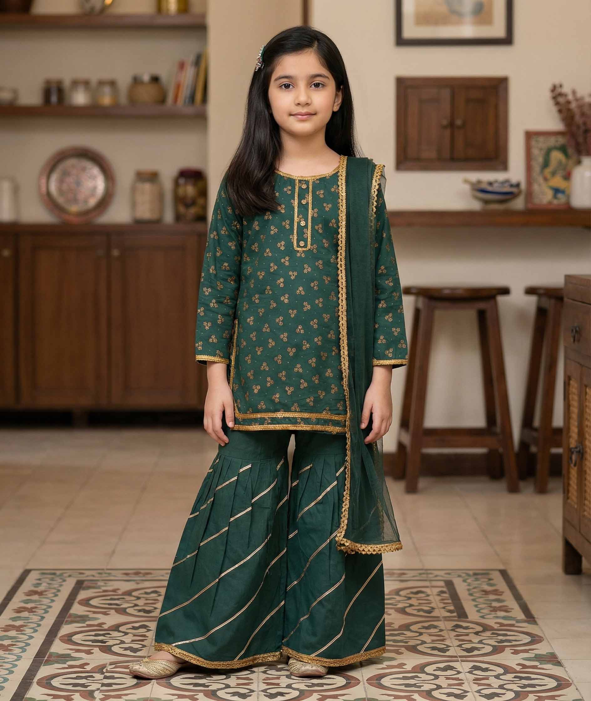Girls Dark Green Cotton Ethnic Suit with Dupatta | Kidzaar
