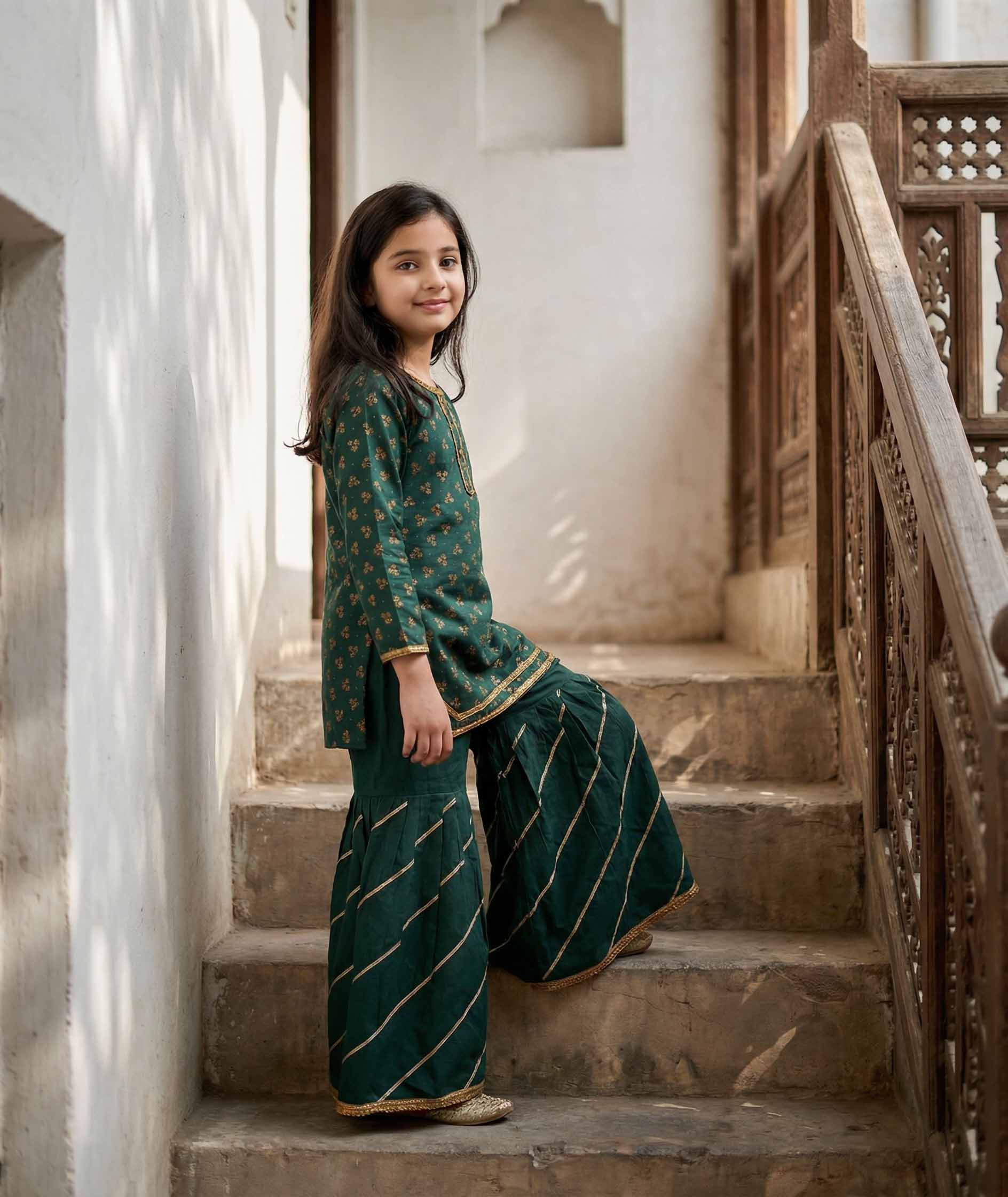 Girls Dark Green Cotton Ethnic Suit with Dupatta | Kidzaar