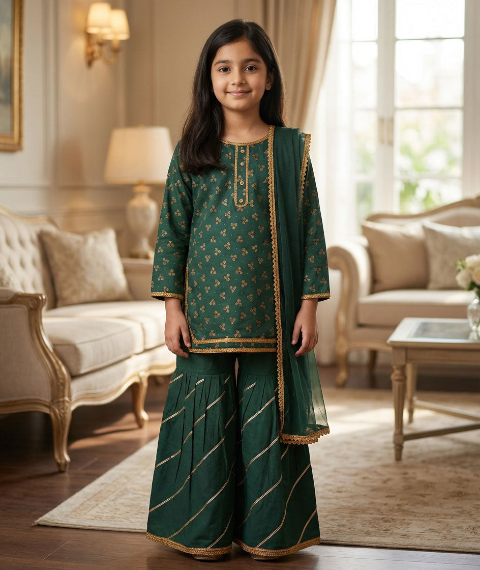 Girls Dark Green Cotton Ethnic Suit with Dupatta | Kidzaar