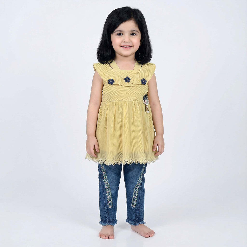 Girls Frock with Embroidered Denim Jeans