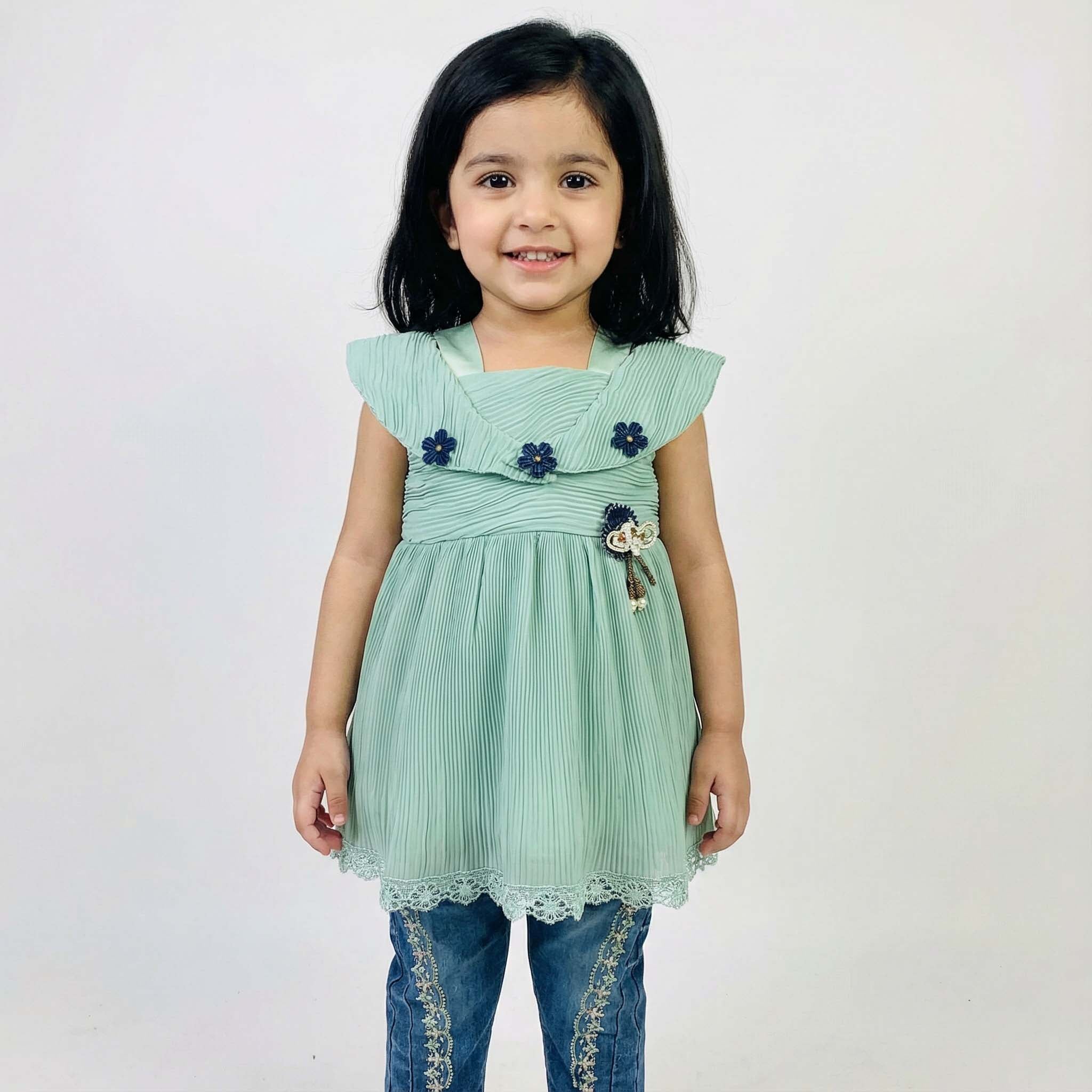 Girls Frock with Embroidered Denim Jeans