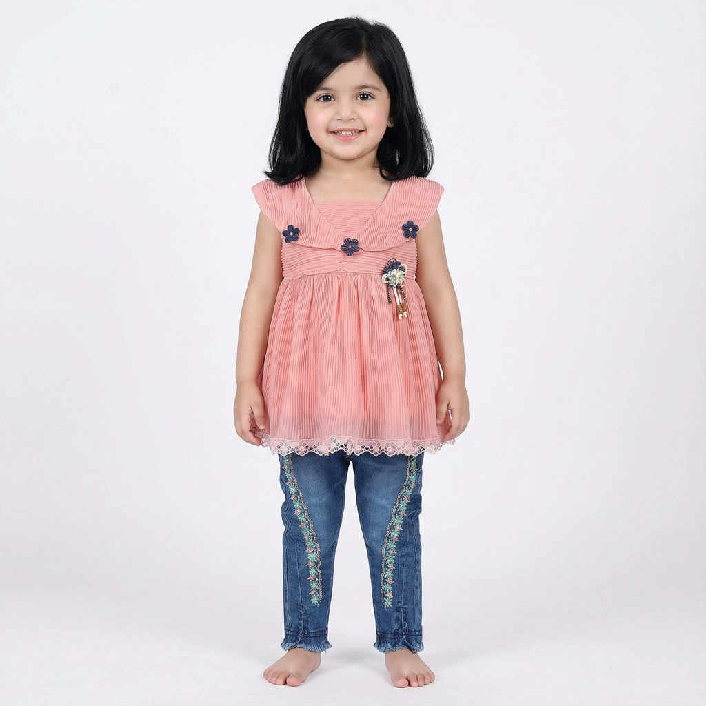 Girls Frock with Embroidered Denim Jeans