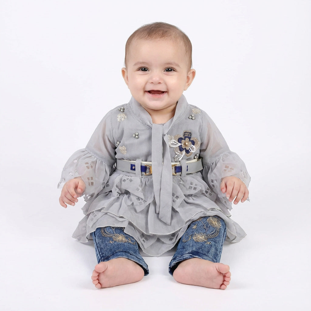 Stylish Mehndi & Red and Silver Embroidered Party Frock with Jeans for Baby Girls