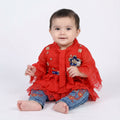 Stylish Mehndi & Red and Silver Embroidered Party Frock with Jeans for Baby Girls