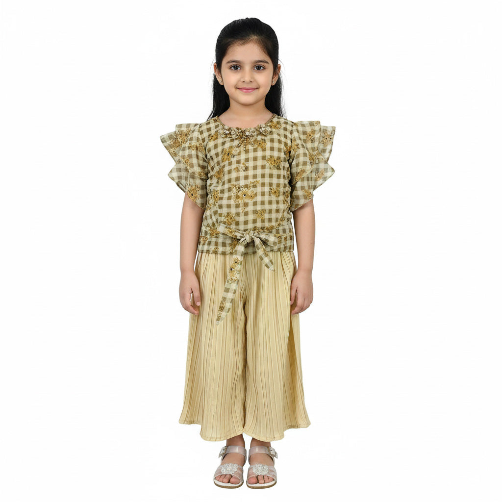 Baby Girls Elegant Floral Frock with Cream Plazzo