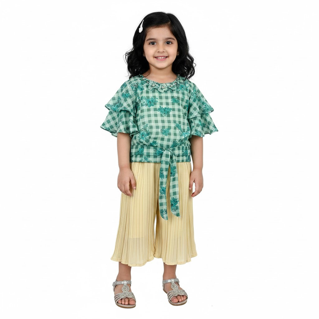 Baby Girls Elegant Floral Frock with Cream Plazzo