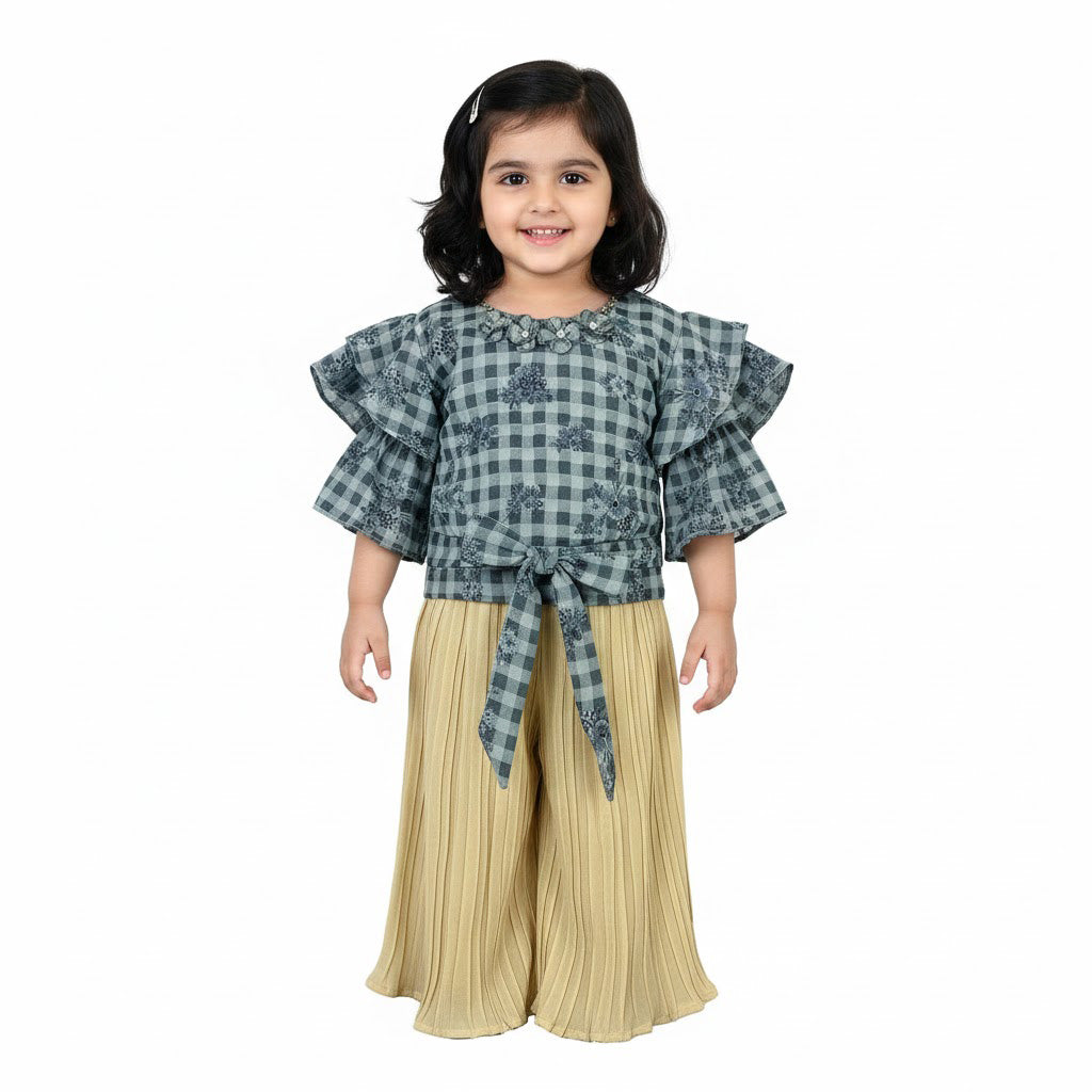 Baby Girls Elegant Floral Frock with Cream Plazzo