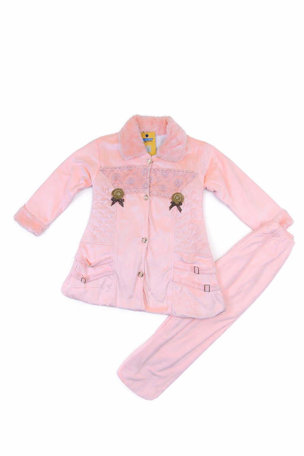 Light Pink Velvet Girls Winter Suit with Faux Fur Collar