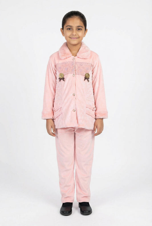 Light Pink Velvet Girls Winter Suit with Faux Fur Collar