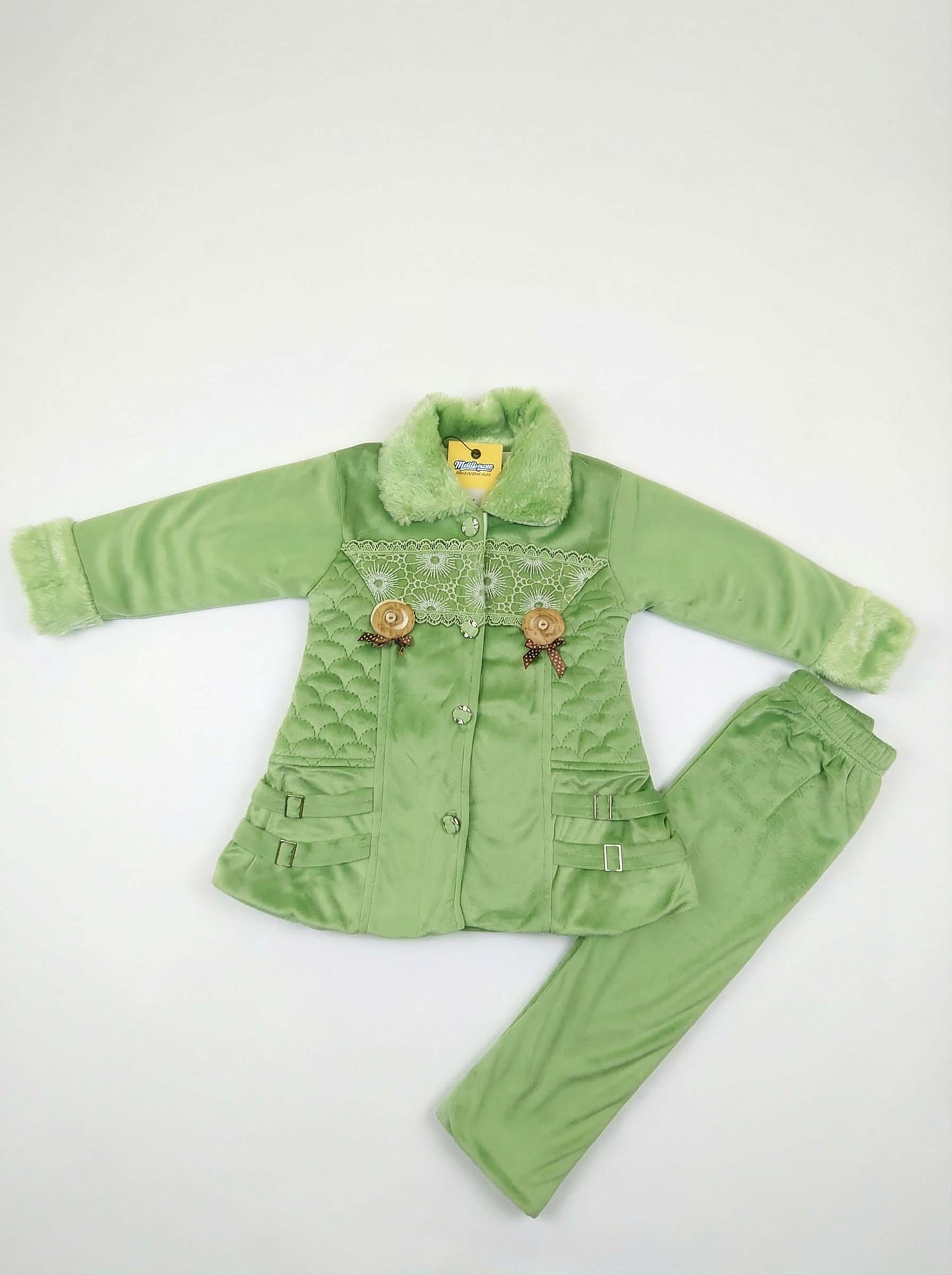 Green Velvet Girls Winter Suit with Faux Fur Collar