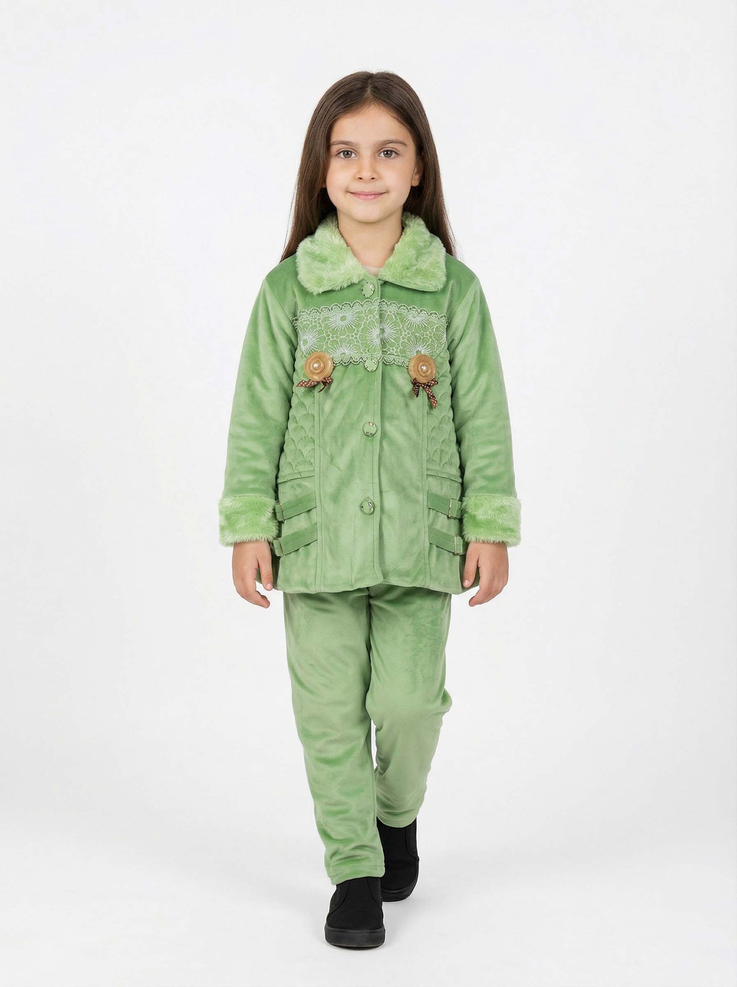 Green Velvet Girls Winter Suit with Faux Fur Collar