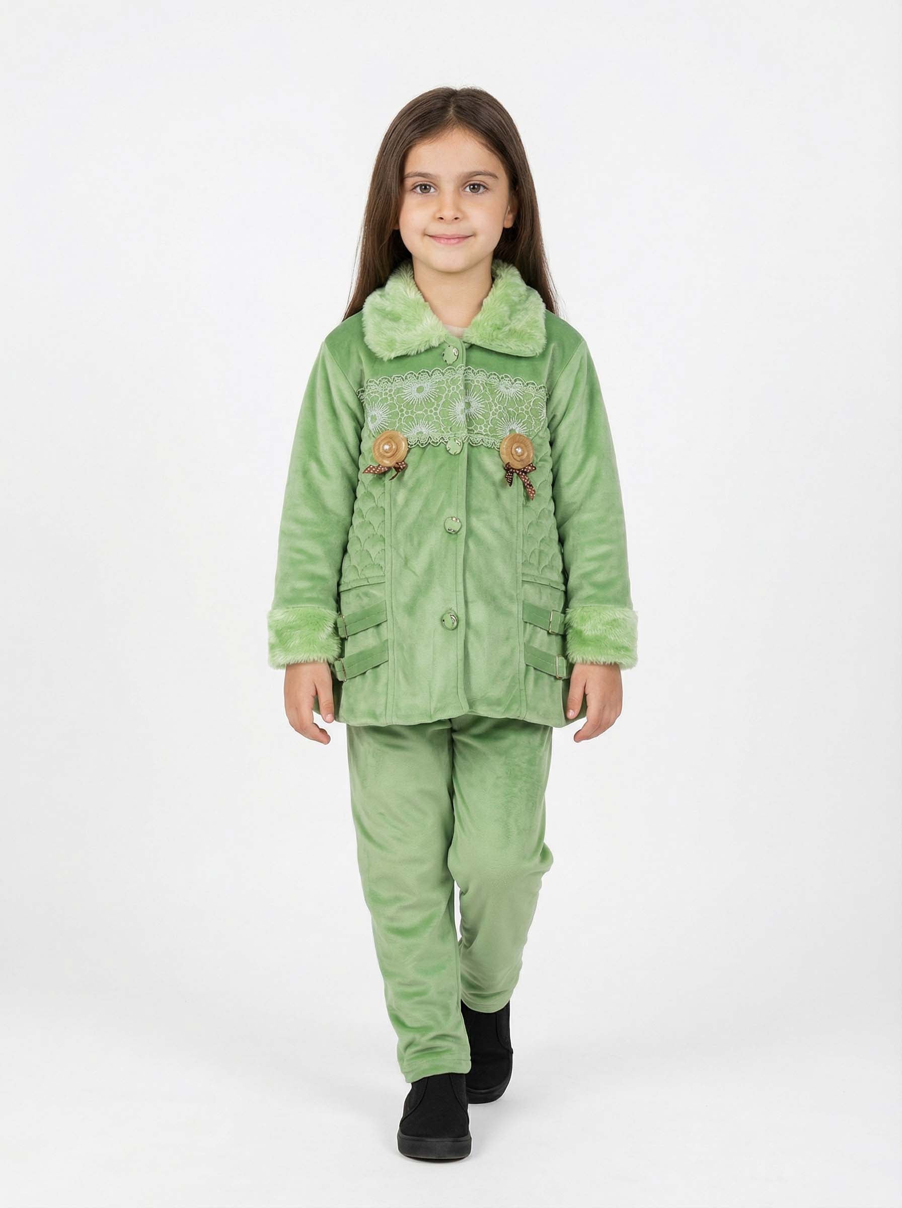 Green Velvet Girls Winter Suit with Faux Fur Collar