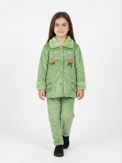 Green Velvet Girls Winter Suit with Faux Fur Collar