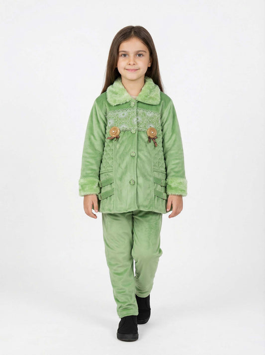 Green Velvet Girls Winter Suit with Faux Fur Collar