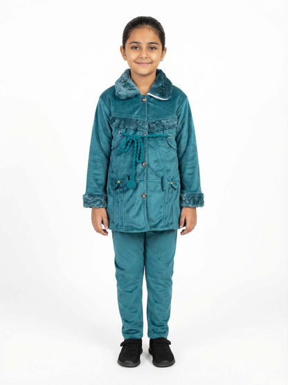 Girls Winter Velvet Coat & Pants Set | Soft Warm Stylish Outfit
