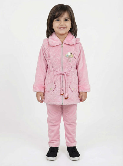 Girls Pink Velvet Winter Coat & Pants Set