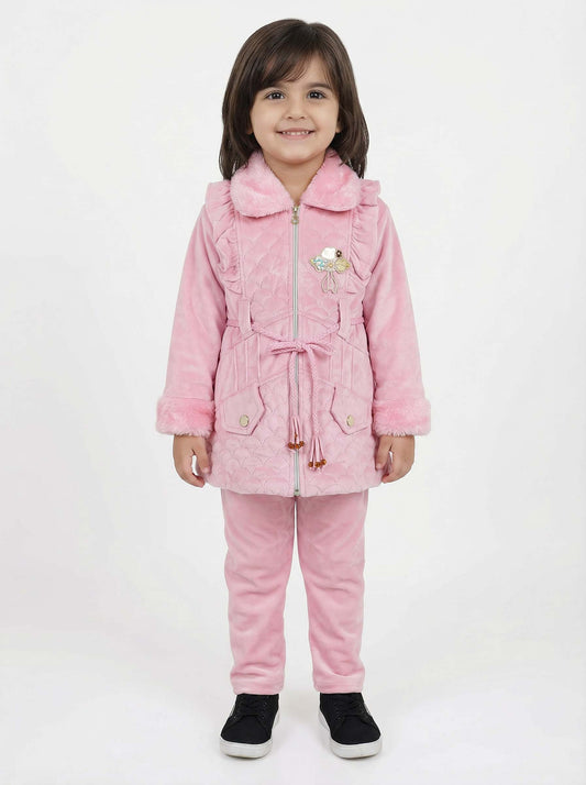 Girls Pink Velvet Winter Coat & Pants Set