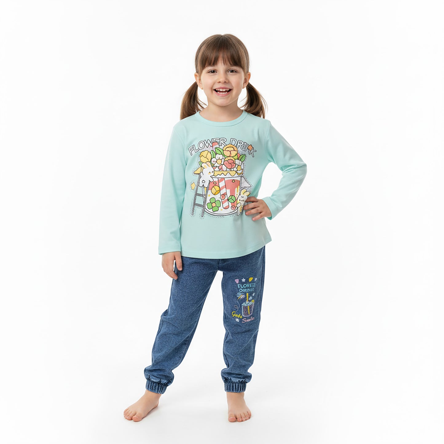 Girls Flower Drink Printed Terry Shirt & Denim Jeans Set – Ferozi Color
