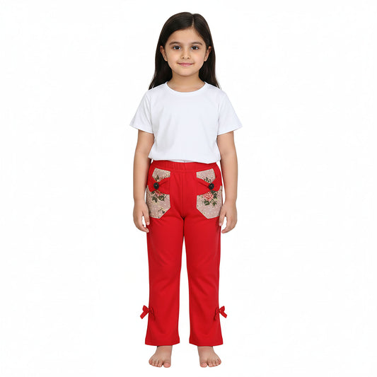 Girls Cotton Embroidered Trouser – Red & Pista