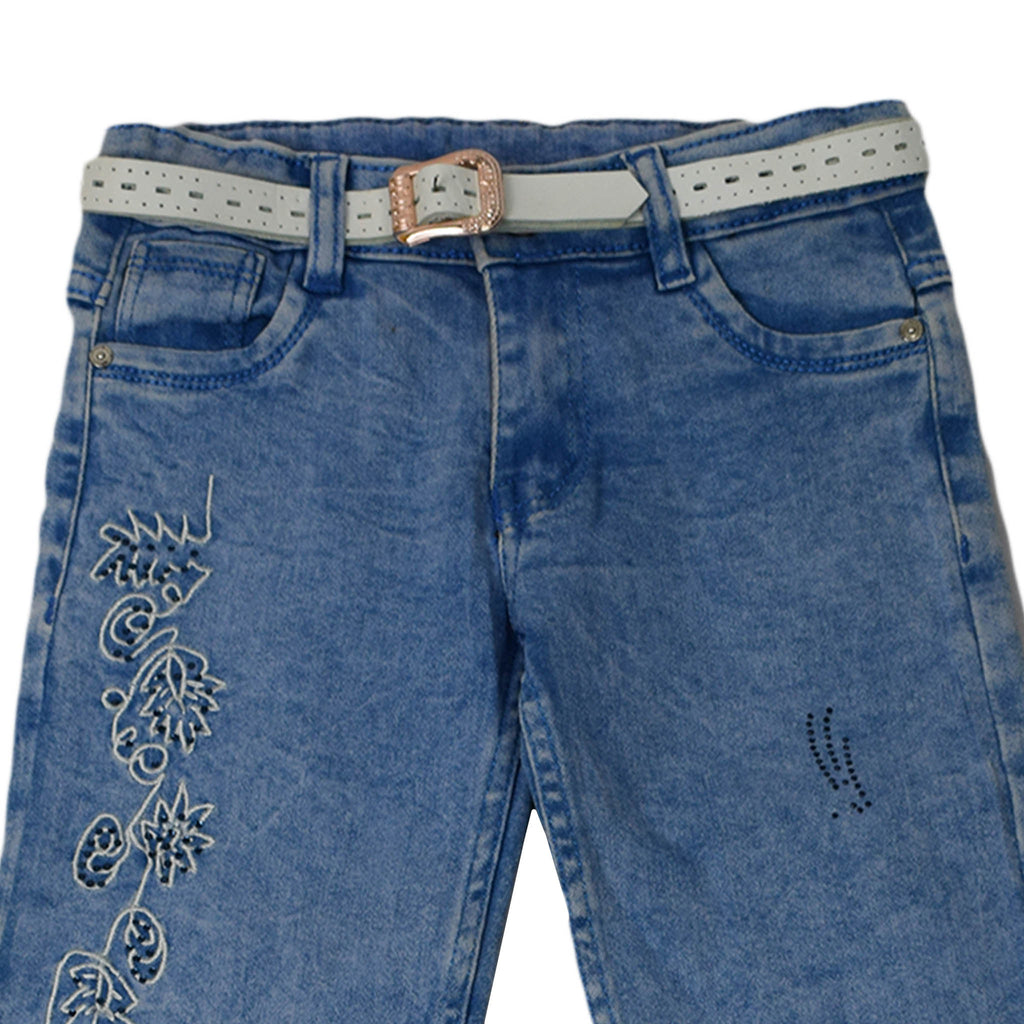 Girls Light Blue Jeans with Embroidered Floral Detail | Stretch Denim Pants