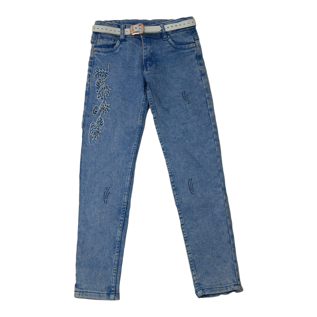 Girls Light Blue Jeans with Embroidered Floral Detail | Stretch Denim Pants