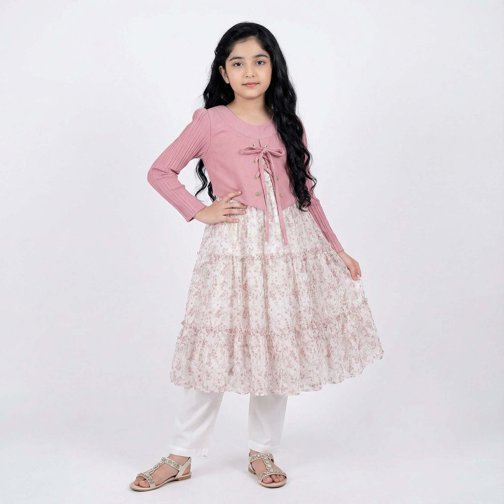 Girls White Cotton Frock with Dark Pink Coati & Golden Floral Embroidery