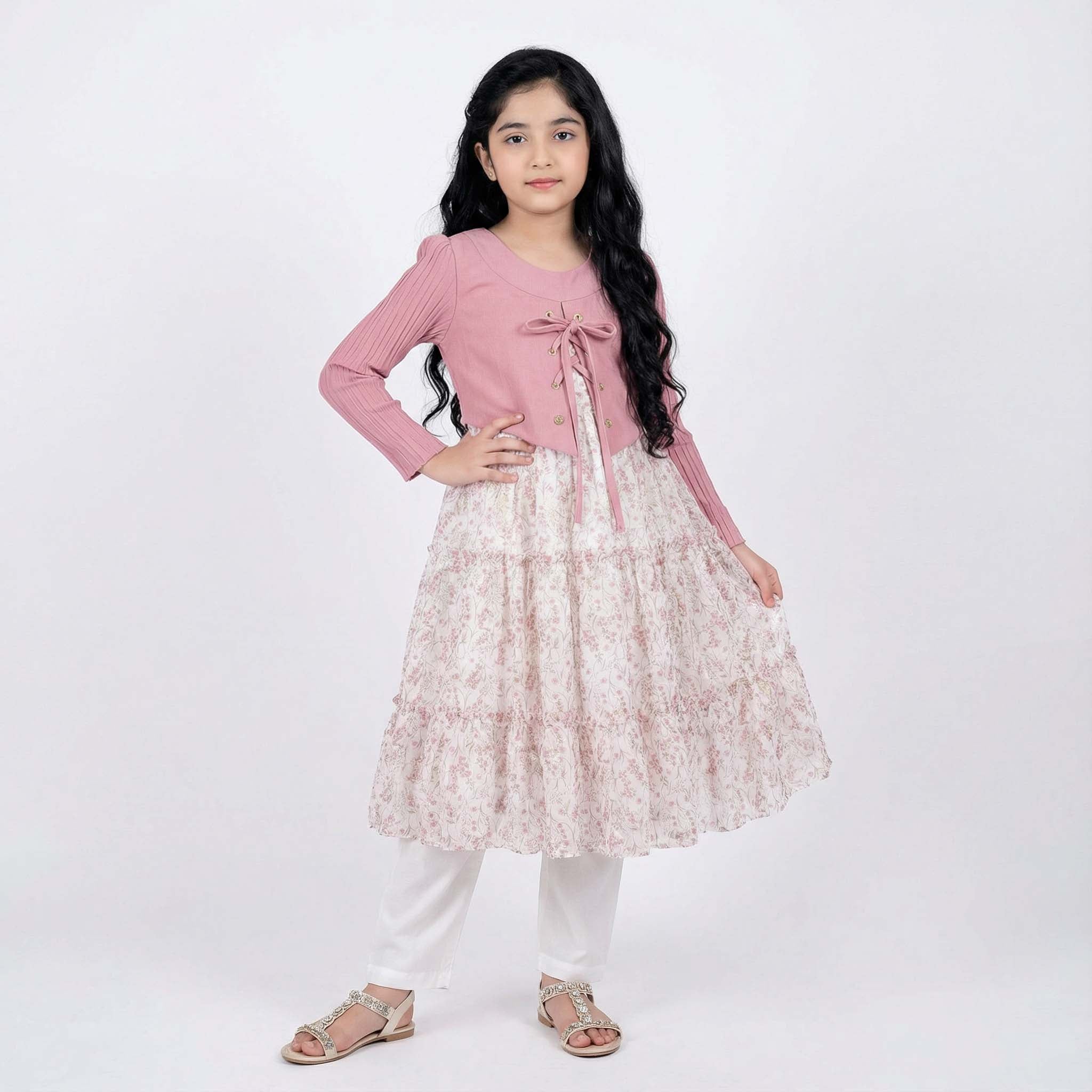 Girls White Cotton Frock with Dark Pink Coati & Golden Floral Embroidery