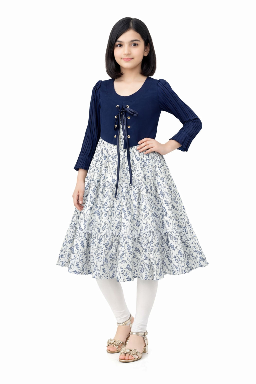 White & Blue Embroidered Party Frock for Girls