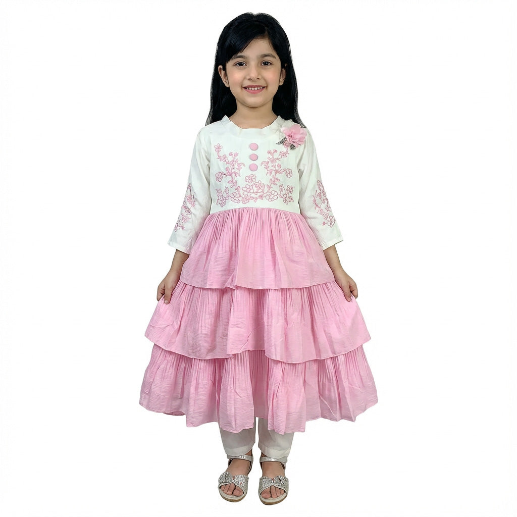 White & Blue Embroidered Party Frock for Girls